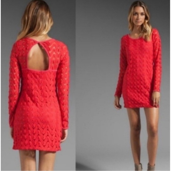 Free People Dresses & Skirts - Free People‎ Red Crochet Open Back Chevron Mini Dress Long Sleeve Size L w/liner